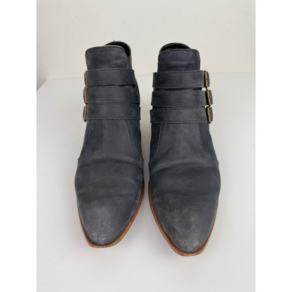 MODERN VICE NYC Made Blue Suede Triple Buckle Pointed Toe Chloe Booties Size 38 - Picture 3 of 9